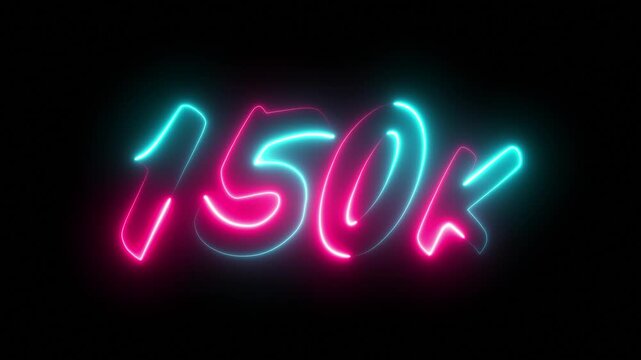 150K text with neon line by multiple color neon animation on transparent background. 150k Followers Celebration text animation.