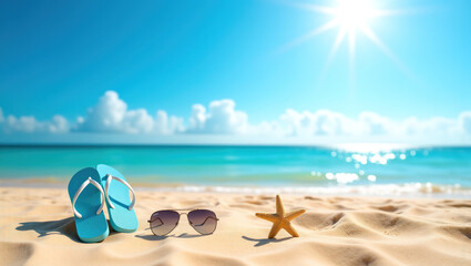 Obraz premium Beach Vacation Vibe: A Summer Leisure Scene with Seastars, Sunglasses, and Flip Flops on the Sand