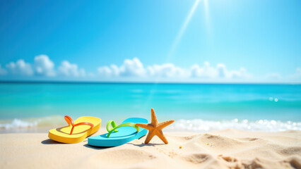 Beach Vacation Vibe: A Summer Leisure Scene with Seastars, Sunglasses, and Flip Flops on the Sand