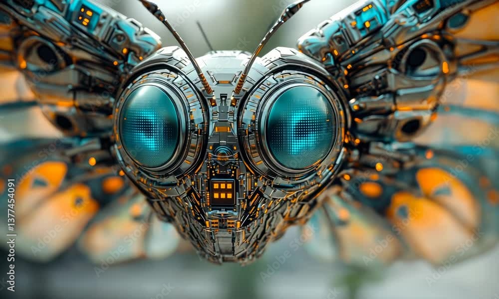 Poster close-up of a robotic butterfly with intricate metallic and glowing components.