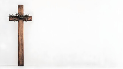 A tall, realistic-looking empty rugged wooden Roman cross, standing alone with intricate details, symbolizing strength, history, and ancient craftsmanship.
