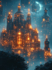 Fototapeta premium digital fortress glowing in night, protecting against threats