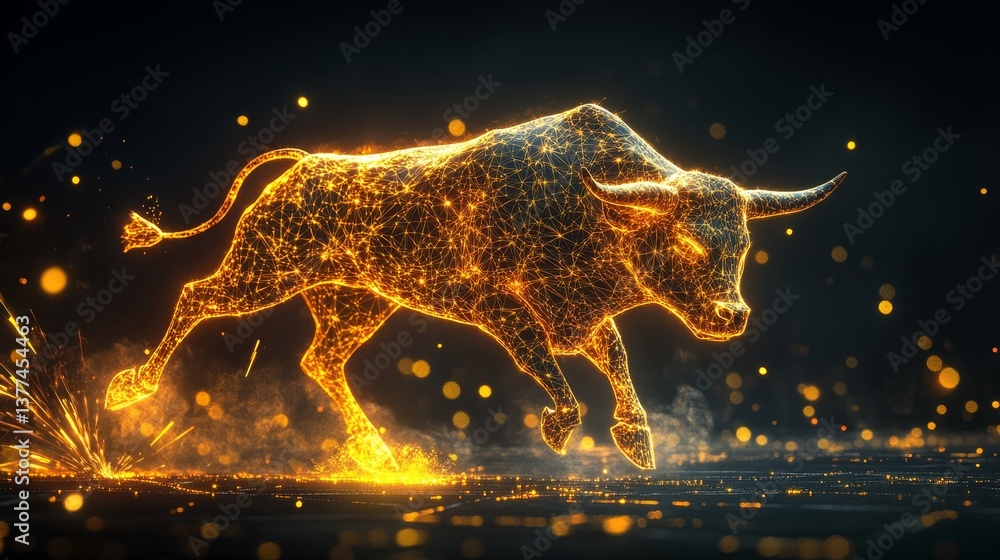 Poster futuristic glowing bull in motion with abstract digital light network design