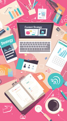 Content Marketing Strategy Desk - Flat Lay Illustration, Content Marketing