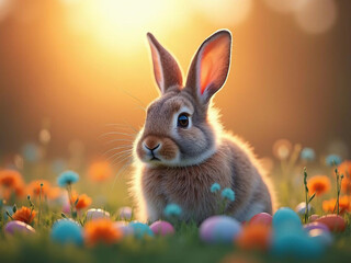 A fluffy bunny rabbit surrounded by a field of vibrant spring flowers