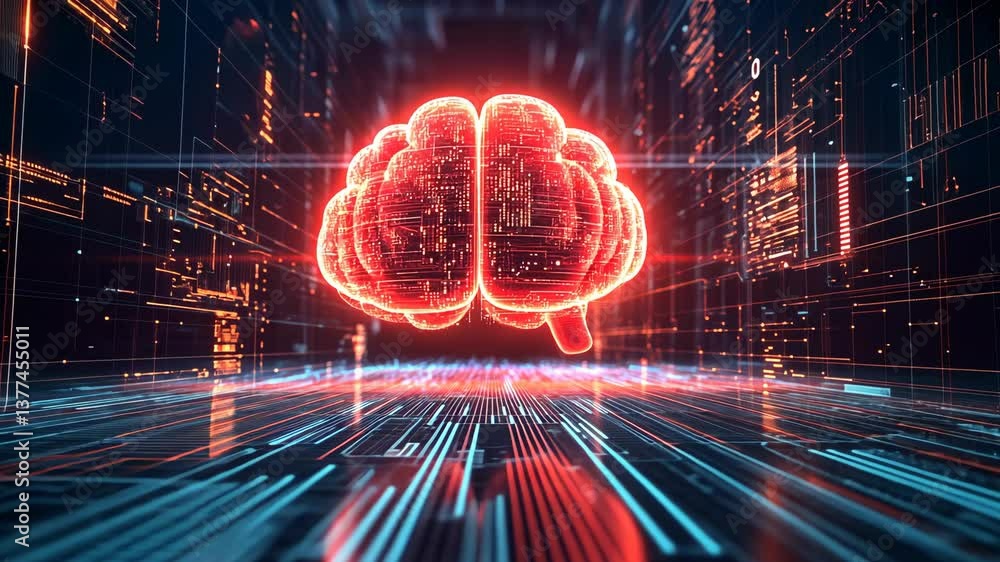 Poster modern digital brain glowing in neon red against a dark background filled with data streams