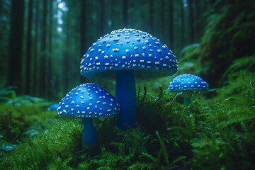 Blue Mushrooms in Dark Forest.