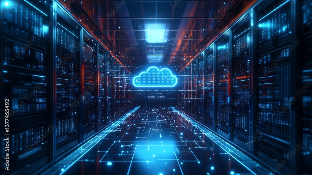 Poster futuristic minimalist depiction of cloud computing and ai with multi-cloud and hybrid cloud connecti