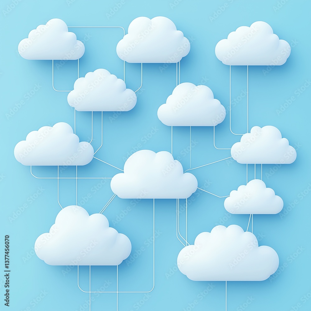 Poster minimalist multi-cloud vector illustration with 2d and 3d clouds connected in a clean design