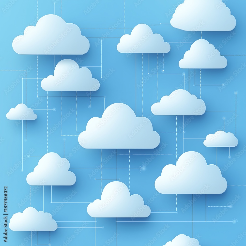 Poster minimalist multi-cloud vector illustration with 2d and 3d clouds connected in a clean design