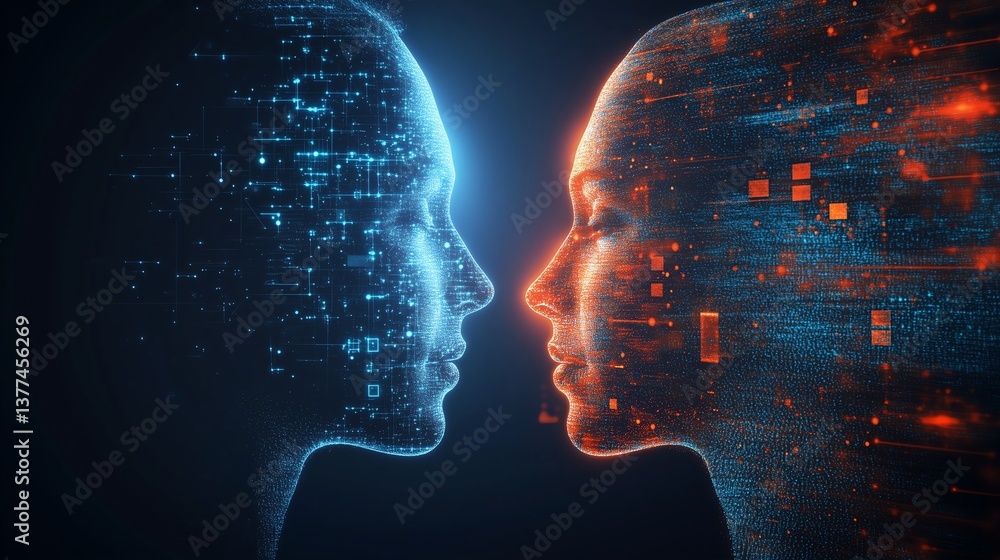 Poster ai human head front and side view talking to user, technology and innovation concept with minimalist