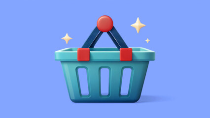 Fototapeta premium merchandise offer and promotion sale 3D concept Shopping basket illustration with sparkles on a blue background.