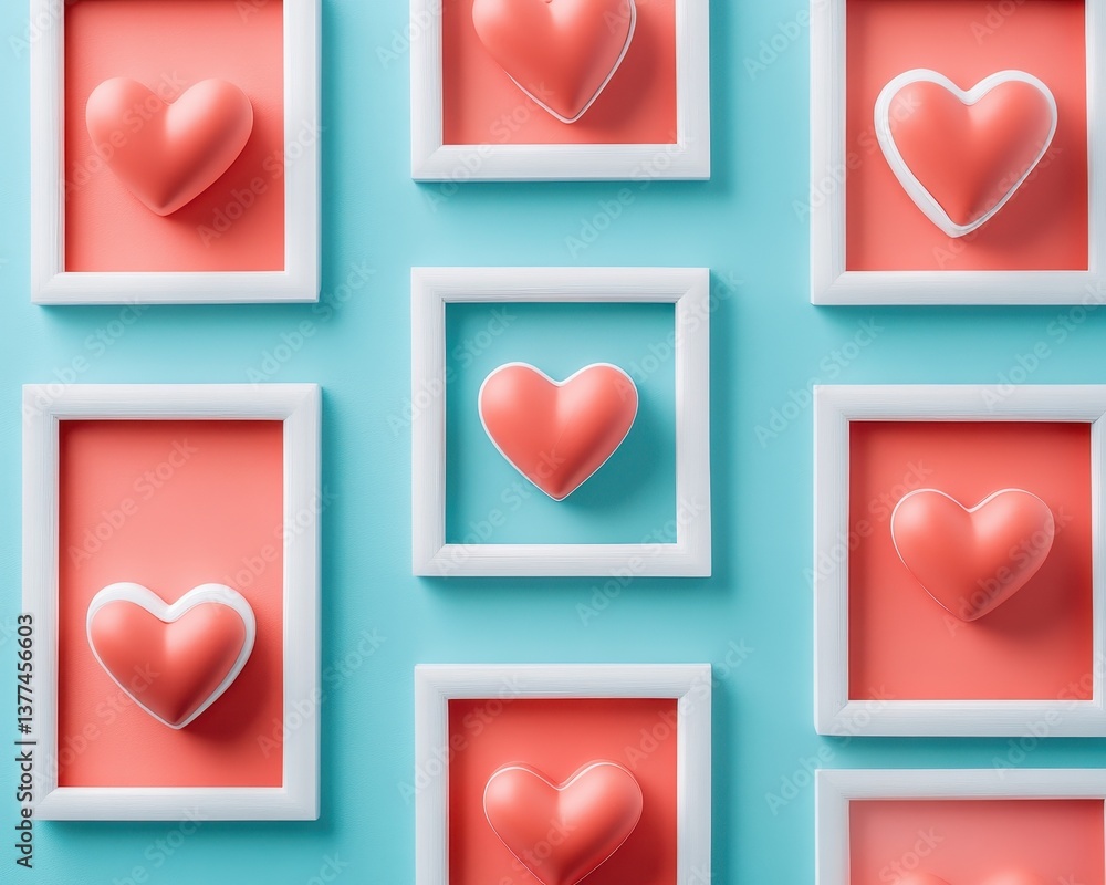 Poster a vibrant wall adorned with an array of heart-shaped artworks, each uniquely designed and encased in