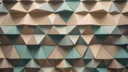 Obraz premium An abstract geometric pattern composed of interlocking triangles in muted beige, light brown, teal, and gray tones, creating a serene and three-dimensional visual effect
