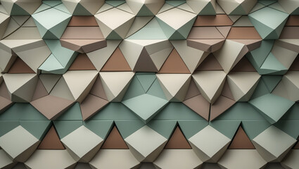 An abstract geometric pattern composed of interlocking triangles in muted beige, light brown, teal, and gray tones, creating a serene and three-dimensional visual effect