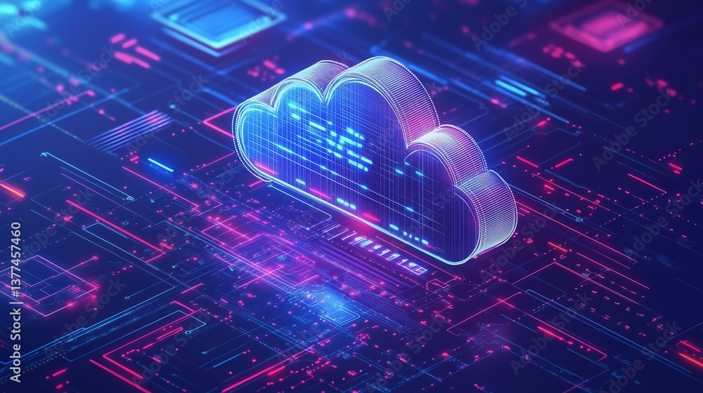 Poster cloud computing isometric concept, cloud storage in software development, digital internet technolog