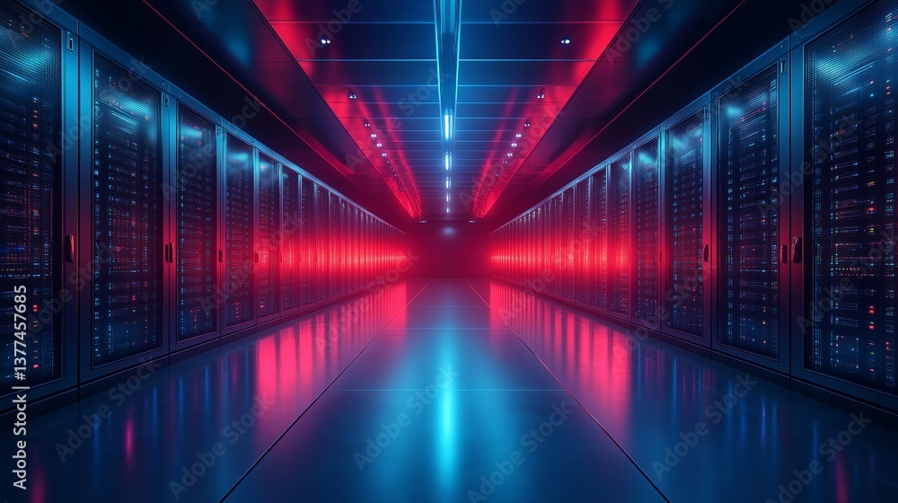 Poster data center illustrating multi-cloud, hybrid cloud, and cybersecurity - minimalistic design with cop