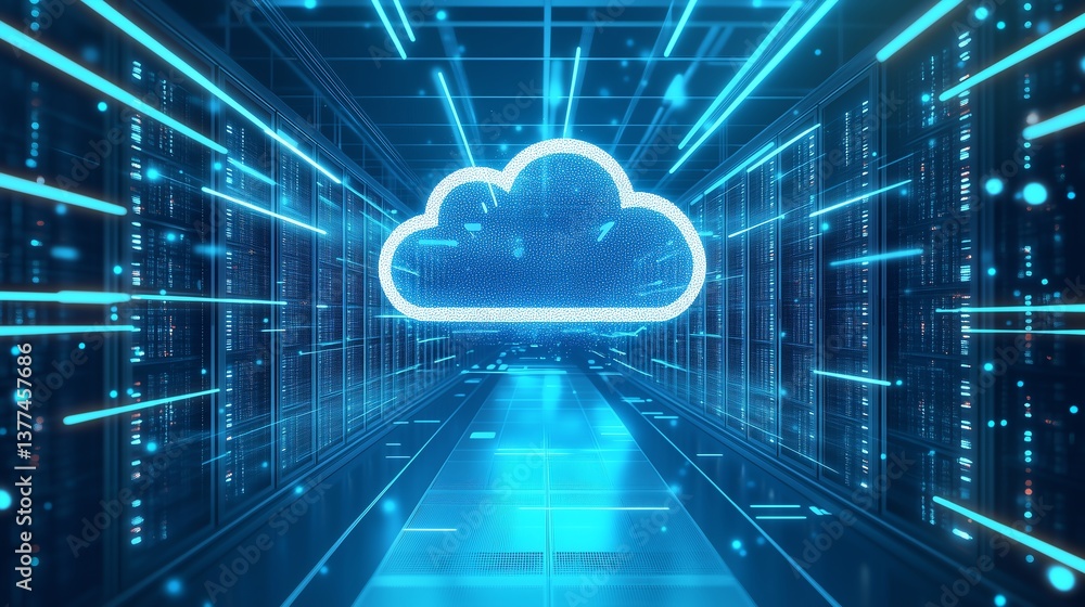 Poster data center illustrating multi-cloud, hybrid cloud, and cybersecurity - minimalistic design with cop
