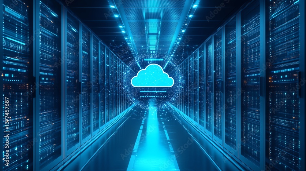 Aufkleber data center illustrating multi-cloud, hybrid cloud, and cybersecurity - minimalistic design with cop