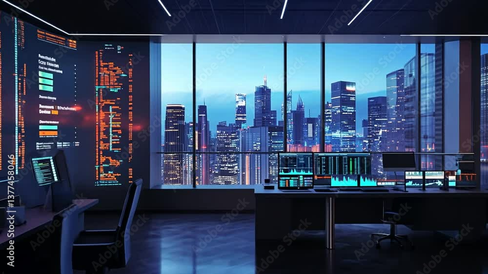 Poster futuristic trading room with skyline view offering a dynamic concept for business operations