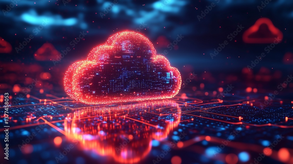 Poster digital cloud computing and security system on abstract digital landscape, big data safe, cyber inte