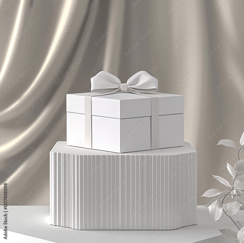 Poster minimalistic white gift box with bow, elegantly placed on textured pedestal against soft, draped bac