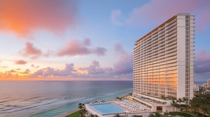 Modern beachfront resort at sunrise.  Coastal luxury high-rise building with a pool.  Stunning colors and dramatic clouds over ocean