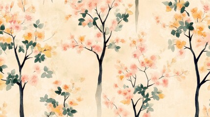 Watercolor cherry blossom trees in bloom on light background