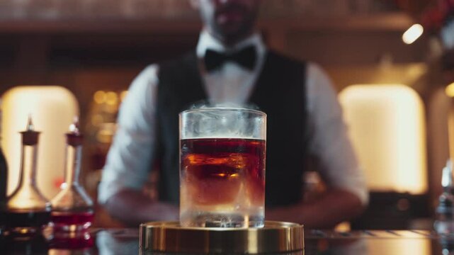 Focusing on serving mist smoky classical Old fashioned whiskey cocktail presentation cooling textured, recommending special welcome tasty creative by smart bartender background beverage bar. Vinosity.