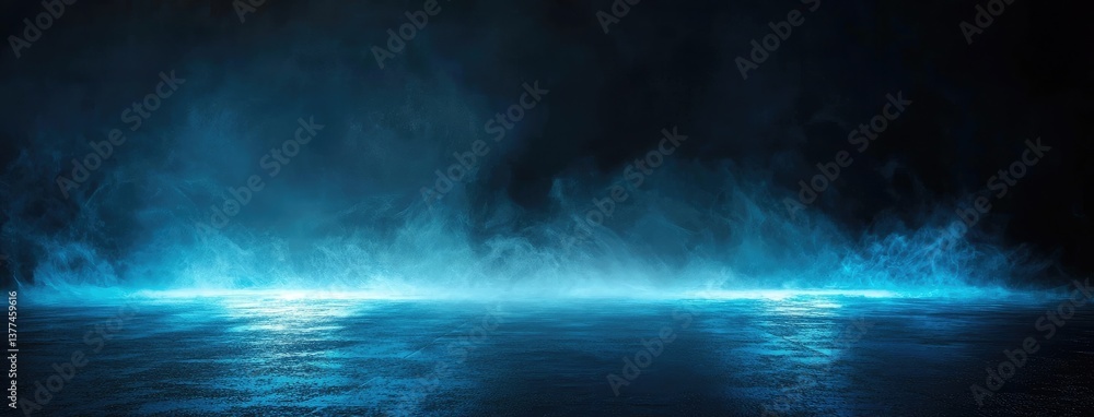 Poster Abstract dark background, glowing light lines on a black asphalt floor with mist and smoke. Neon blue night scene for product presentation in an empty studio. Dark abstract backdrop for the display