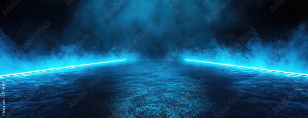 Fototapete Abstract dark background, glowing light lines on a black asphalt floor with mist and smoke. Neon blue night scene for product presentation in an empty studio. Dark abstract backdrop for the display