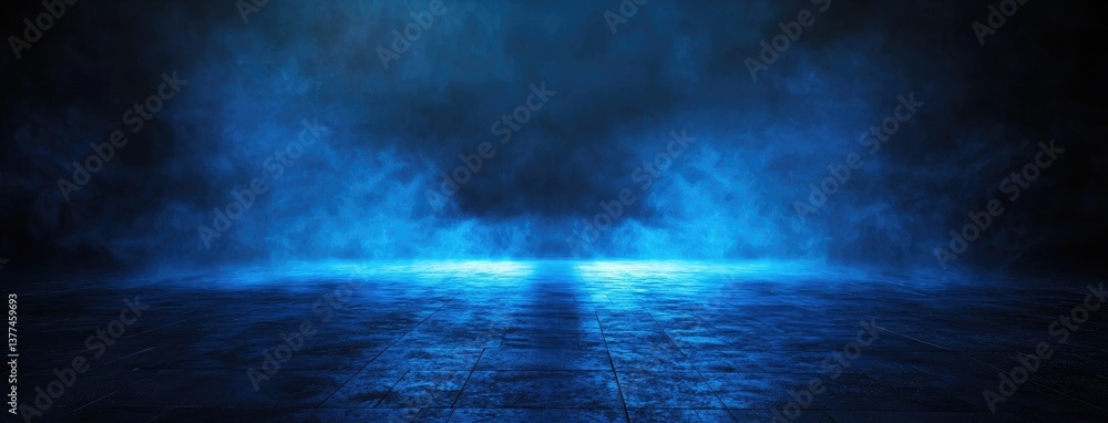 Fototapete Abstract dark background, glowing light lines on a black asphalt floor with mist and smoke. Neon blue night scene for product presentation in an empty studio. Dark abstract backdrop for the display