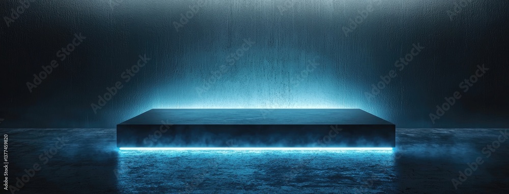 Poster abstract dark background, illuminated with blue light and fog on the asphalt floor. empty scene for 