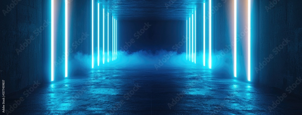 Poster abstract dark background, illuminated with blue light and fog on the asphalt floor. empty scene for 