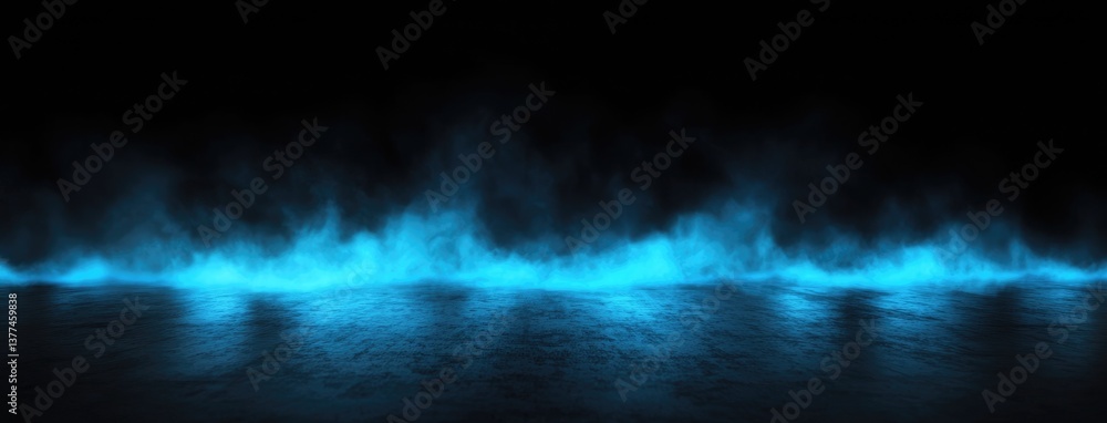 Poster abstract dark background, illuminated with blue light and fog on the asphalt floor. empty scene for 