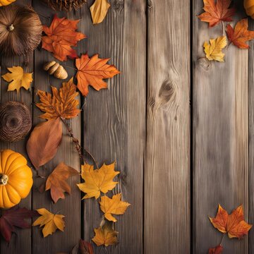 autumn leaves on wooden background