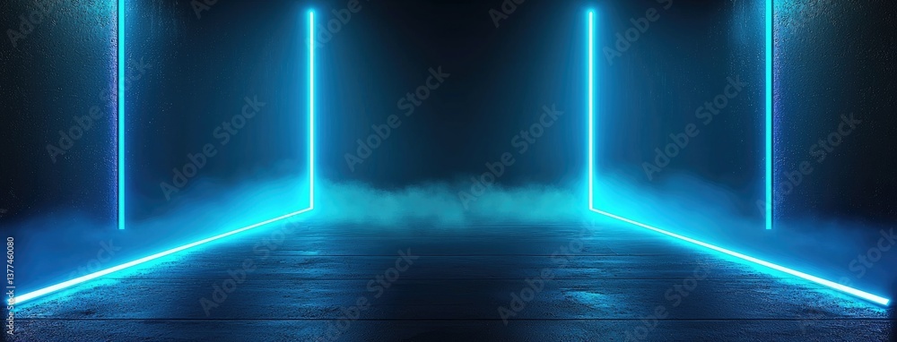 Poster abstract dark background, illuminated with blue light and fog on the asphalt floor. empty scene for 