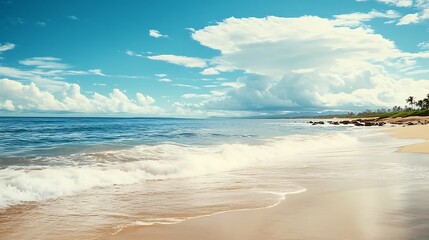 Obraz premium A golden beach with gentle ocean waves under a brilliant blue sky, captured with a wide cinematic frame