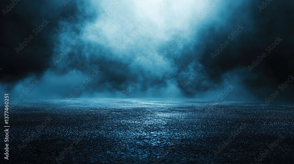 Poster Abstract dark background, illuminated with blue light and fog on the asphalt floor. Empty scene for product presentation