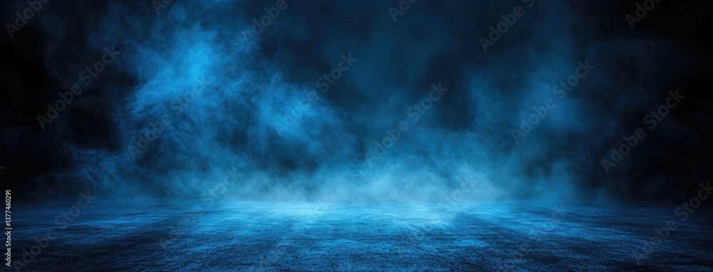 Poster abstract dark background, illuminated with blue light and fog on the asphalt floor. empty scene for 