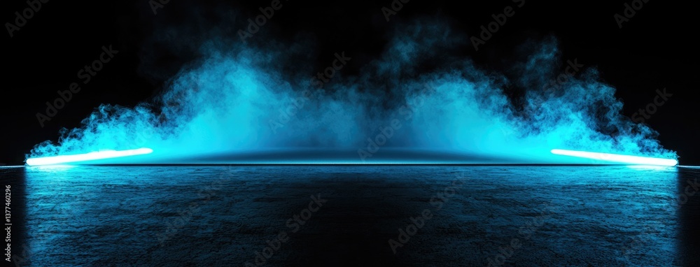 Poster abstract dark background, illuminated with blue light and fog on the asphalt floor. empty scene for 