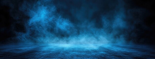 Abstract dark background, illuminated with blue light and fog on the asphalt floor. Empty scene for product presentation