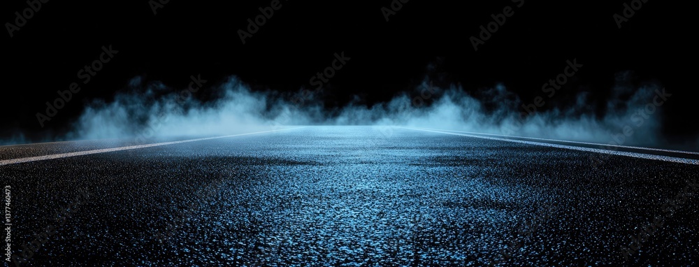Poster Abstract dark background, illuminated with blue light and fog on the asphalt floor. Empty scene for product presentation