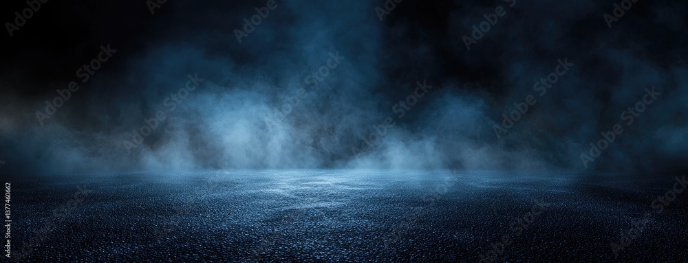 Poster abstract dark background, illuminated with blue light and fog on the asphalt floor. empty scene for 