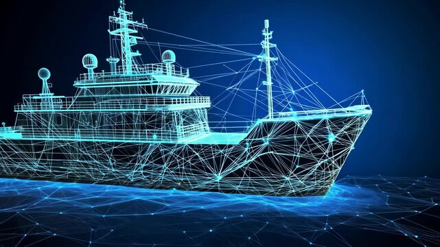Digital representation of a modern research vessel navigating through abstract blue waters at night