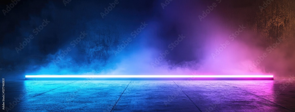 Poster abstract dark background, illuminated with blue light and fog on the asphalt floor. empty scene for 