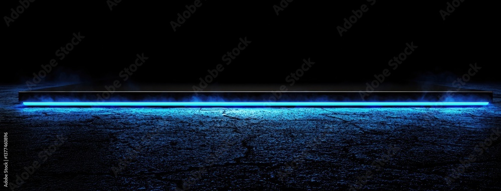 Poster abstract dark background, illuminated with blue light and fog on the asphalt floor. empty scene for 