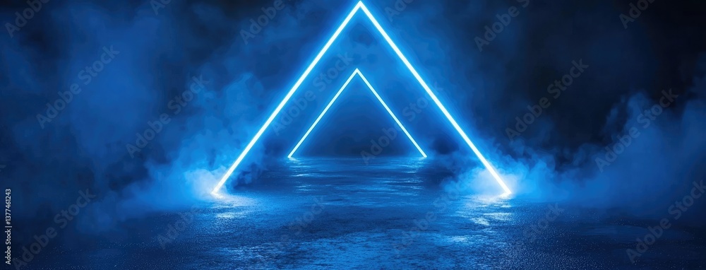 Poster abstract dark background, illuminated with blue light and fog on the asphalt floor. empty scene for 