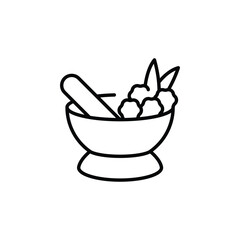 Mortar and pestle icon with herbs in line art style. Minimalist black outline symbol of herbal medicine, spices, or natural ingredients. Vector illustration