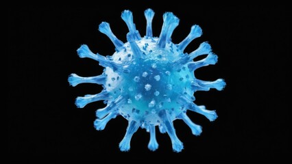 Blue 3D rendering of a spherical coronavirus with spikes on a black background, transparent image highlighting virus structure.